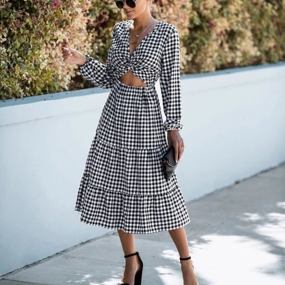 Gingham Twist Cut Out Ruffle Hem Bishop Sleeve Dress - Picture 2 of 4